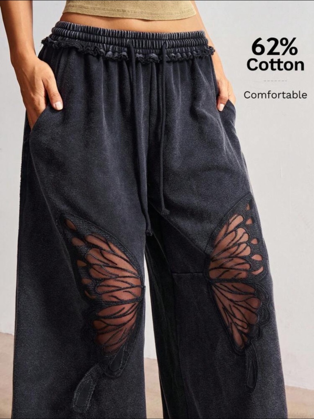 Boho Loose Sheer Butterfly Appliqué Lace details Wide Leg Pants Black
